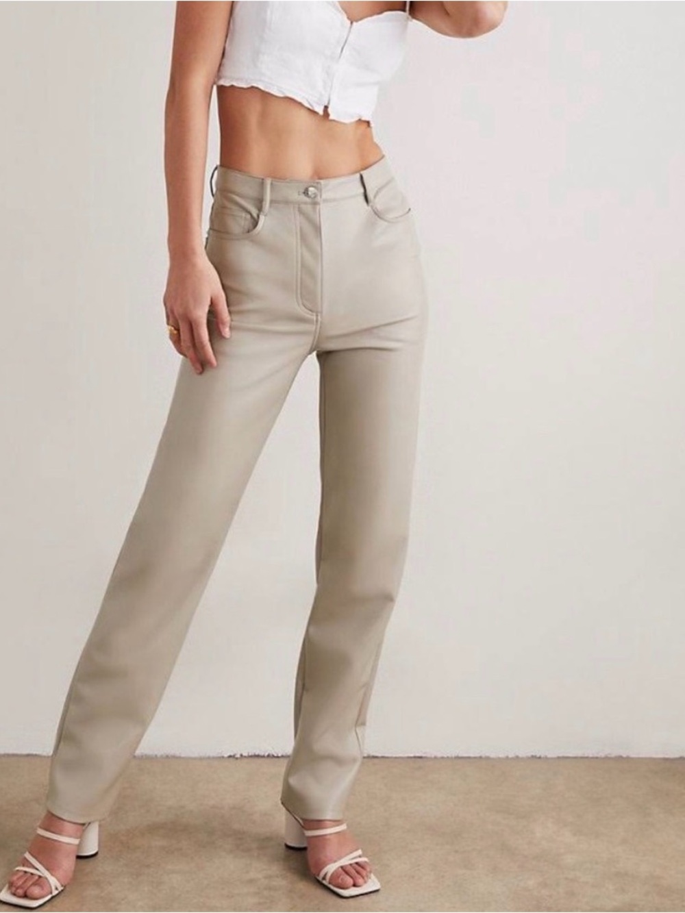 The Melina Pant - Beige Straight-Leg Vegan Leather Pants